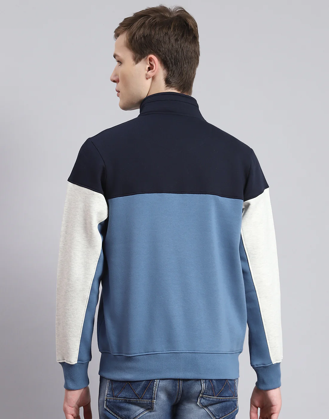 Men Blue Solid Stand Collar Full Sleeve Sweatshirt - Image 5