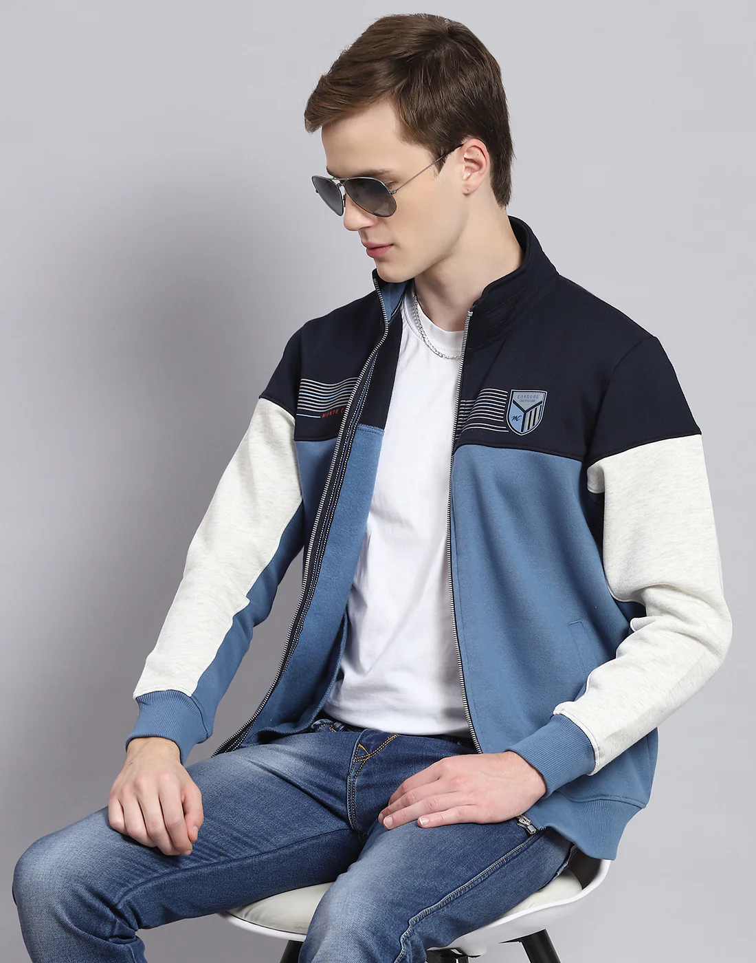 Men Blue Solid Stand Collar Full Sleeve Sweatshirt - Image 6