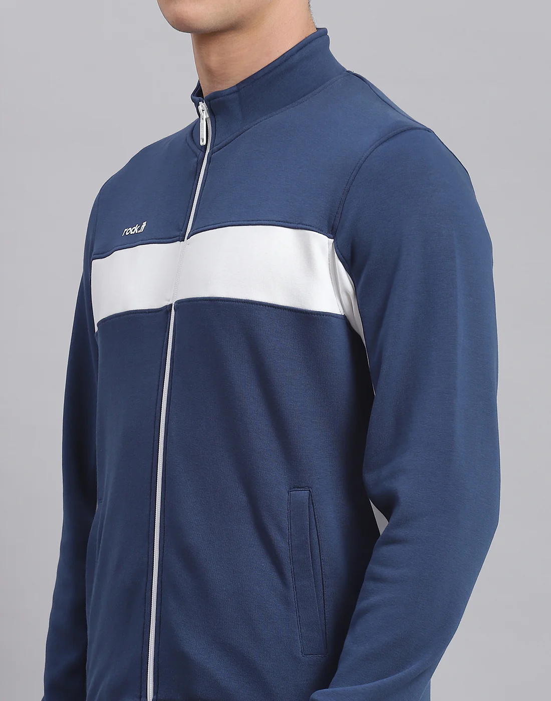 Rock.it Men Blue Solid Stand Collar Full Sleeve Tracksuit - Image 7