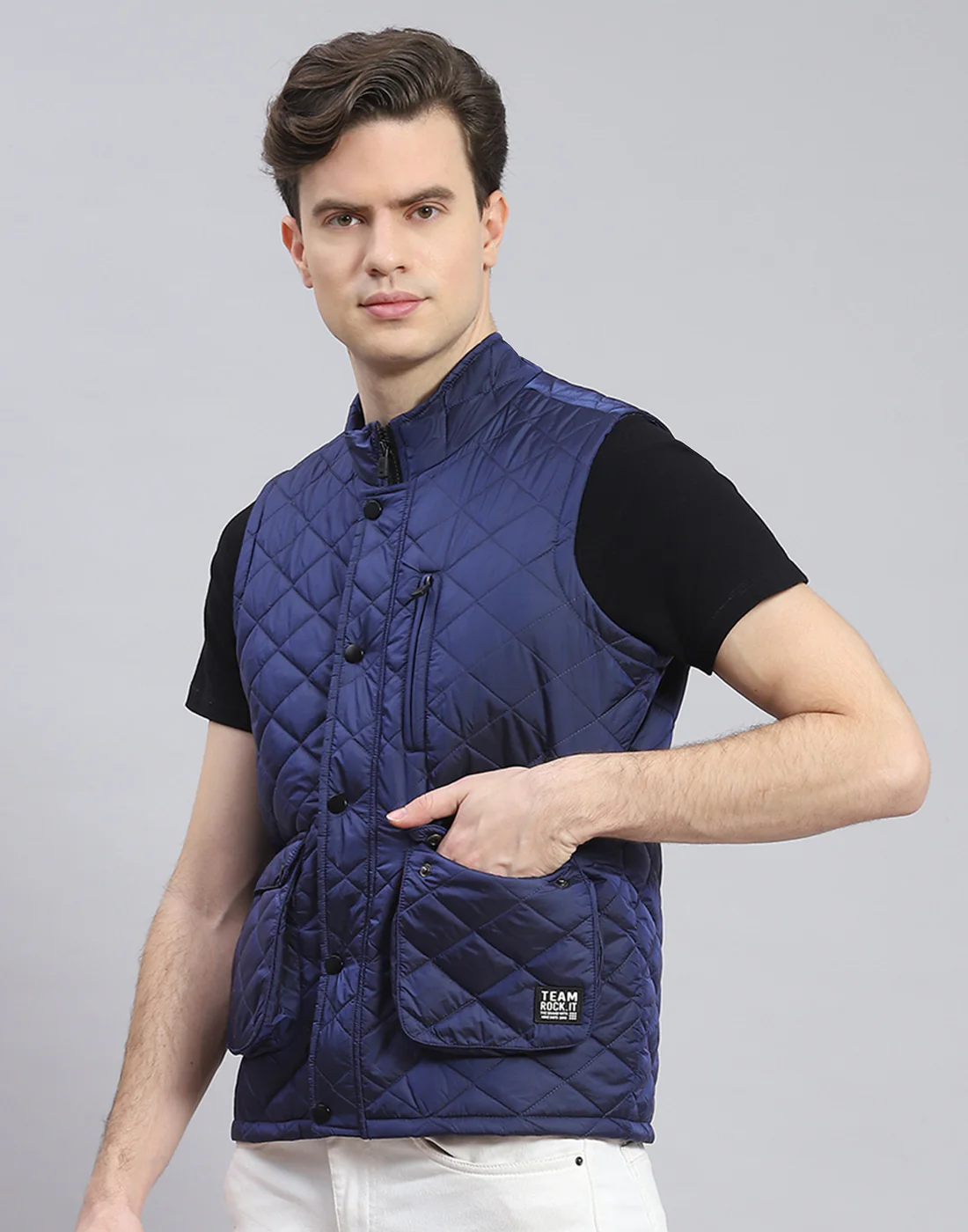 Rock.it Men Blue Solid Stand Collar Sleeveless Jacket - Image 3