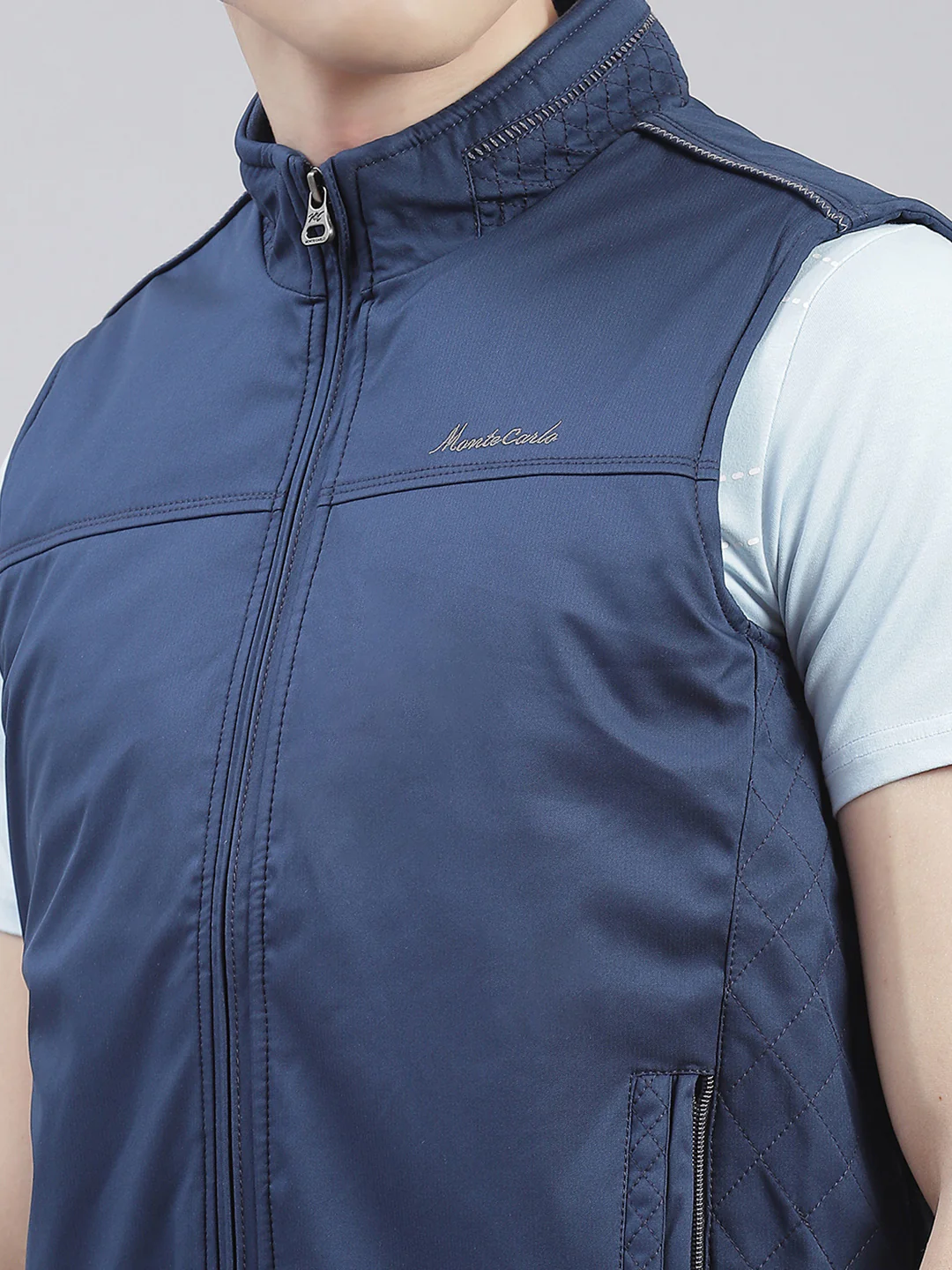 Men Blue Solid Stand Collar Sleeveless Jackets - Image 6