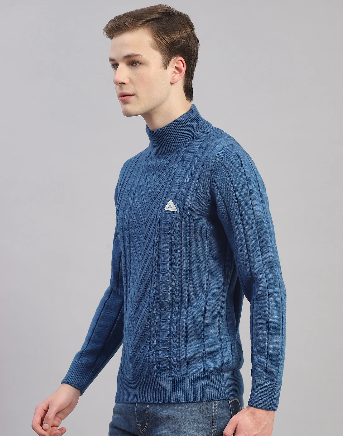 Men Blue Solid T Neck Full Sleeve Pullover - Image 3