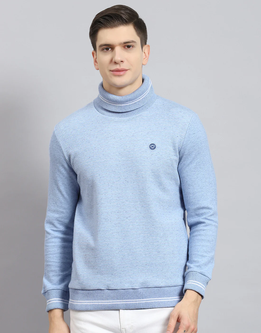 Men Blue Solid T Neck Full Sleeve Sweatshirt - Image 3