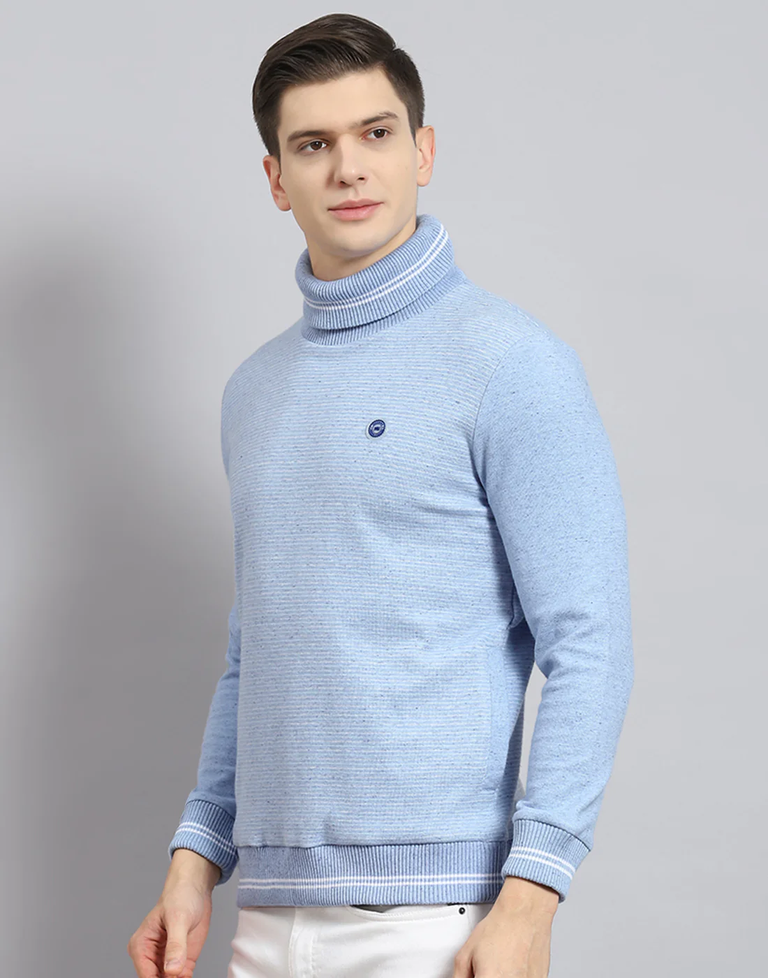 Men Blue Solid T Neck Full Sleeve Sweatshirt - Image 4