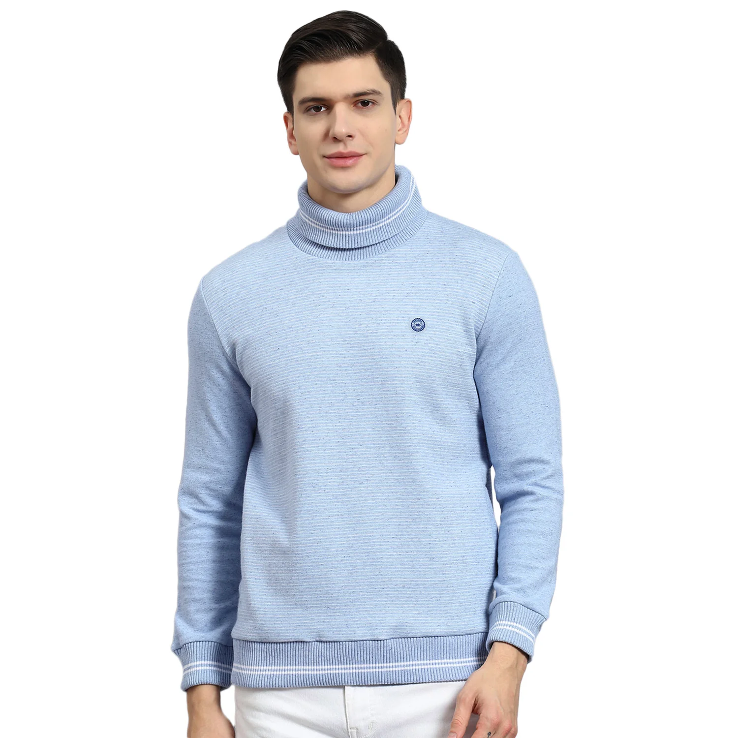 Men Blue Solid T Neck Full Sleeve Sweatshirt - Image 5