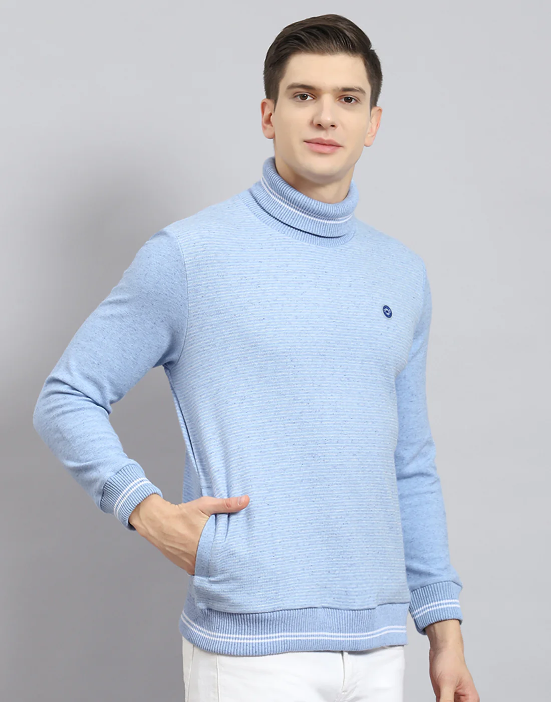 Men Blue Solid T Neck Full Sleeve Sweatshirt - Image 6
