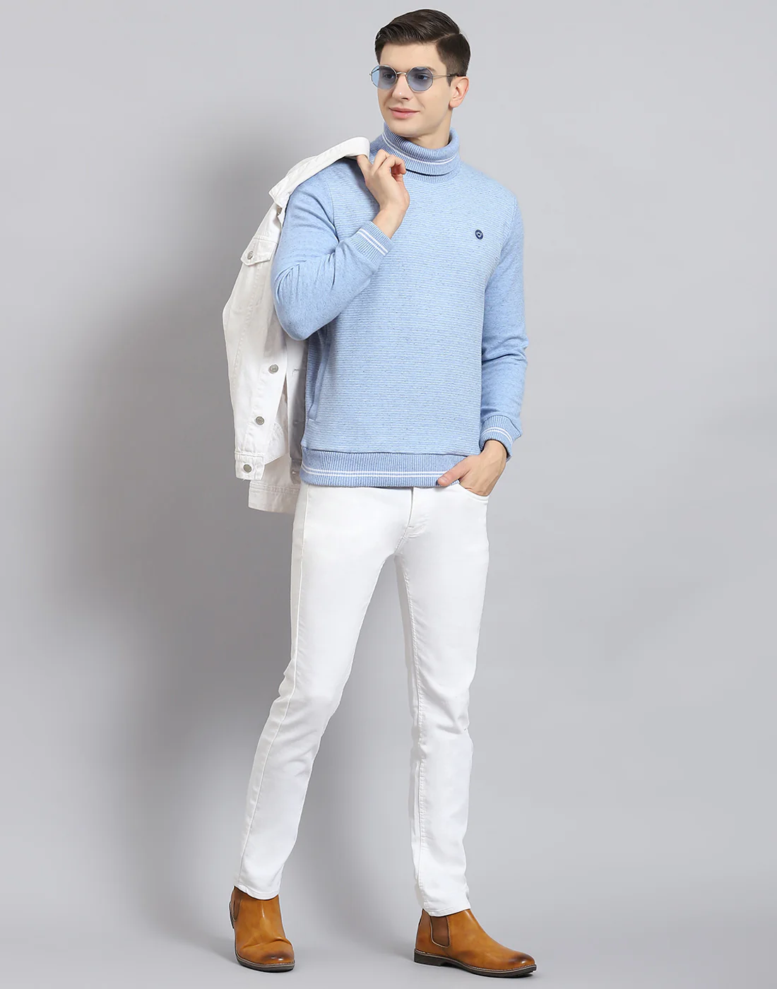 Men Blue Solid T Neck Full Sleeve Sweatshirt - Image 7