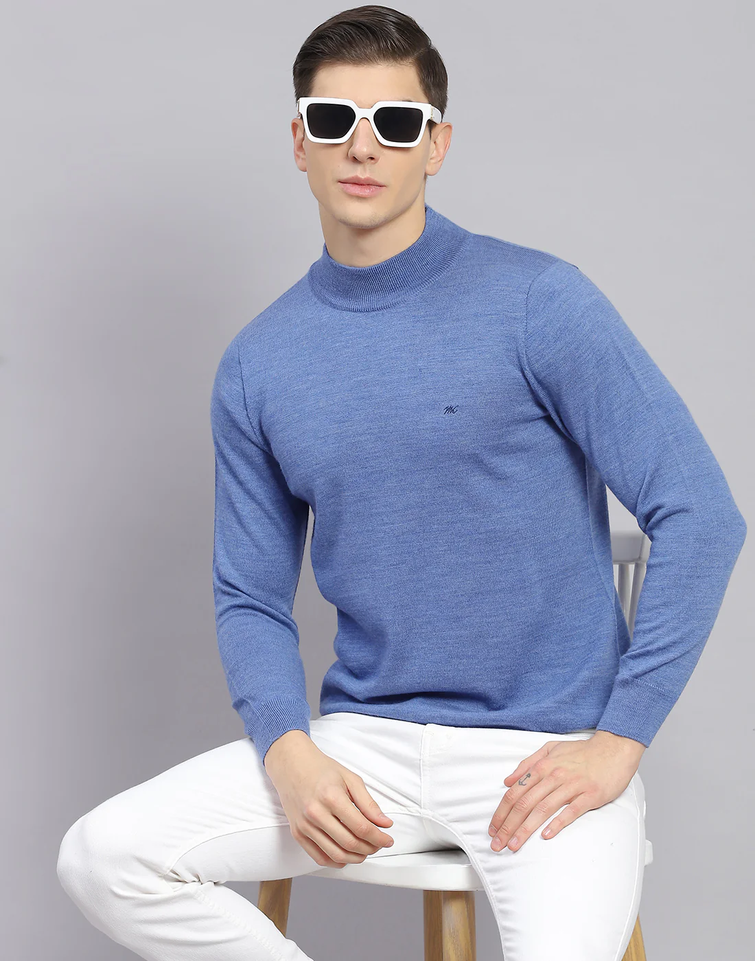 Men Blue Solid Turtle Neck Full Sleeve Pullover - Image 2