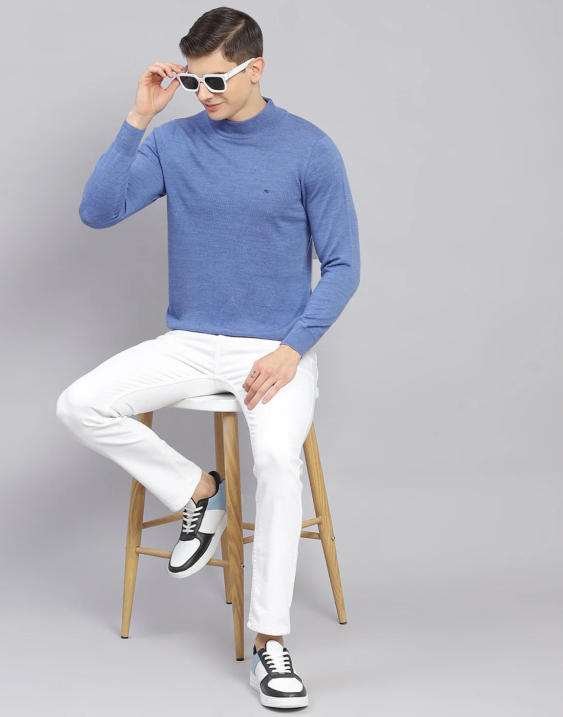 Men Blue Solid Turtle Neck Full Sleeve Pullover - Image 6