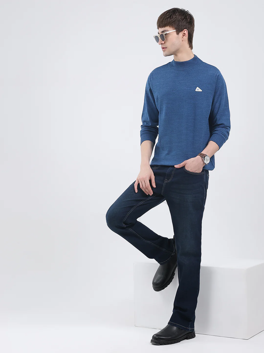Men Blue Solid Turtle Neck Full Sleeve Pullover - Image 2