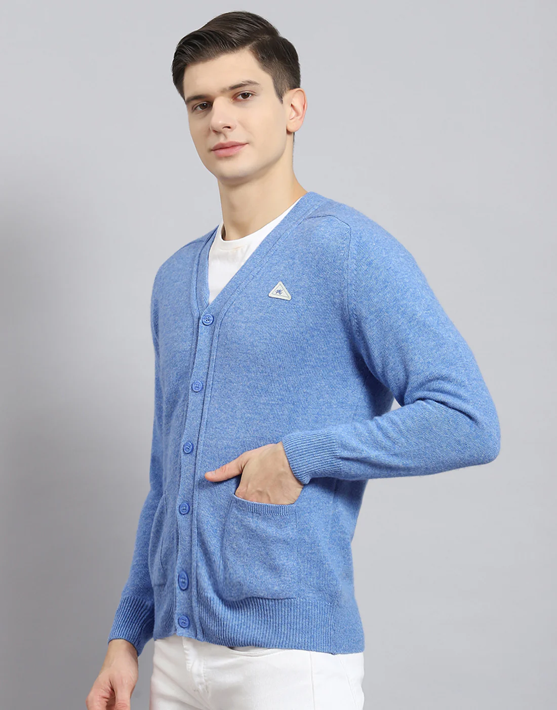 Men Blue Solid V Neck Full Sleeve Cardigan - Image 5