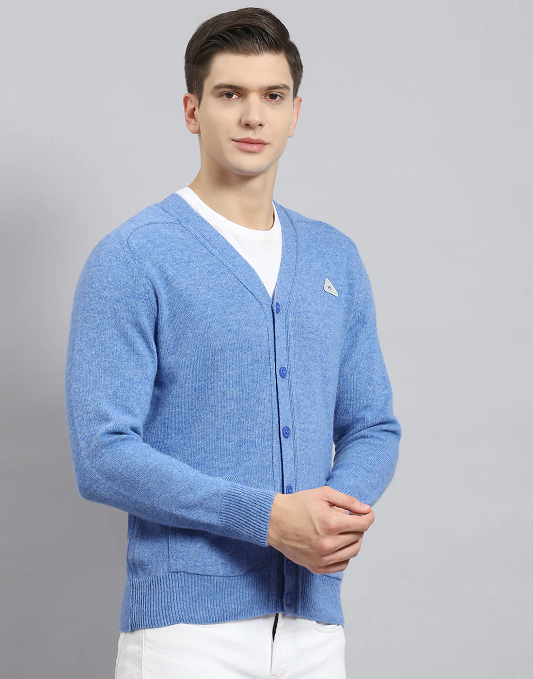 Men Blue Solid V Neck Full Sleeve Cardigan - Image 6