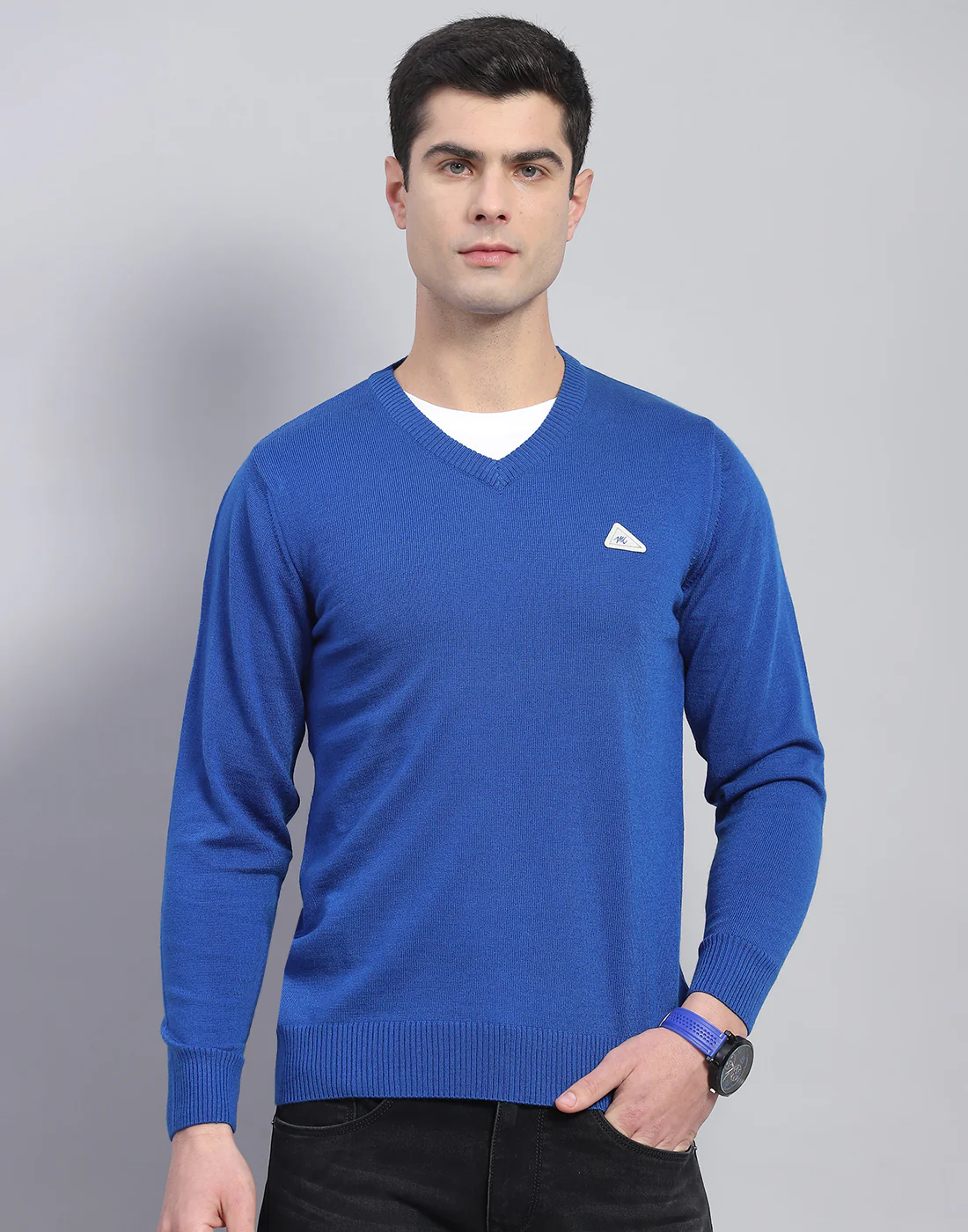 Men Blue Solid V Neck Full Sleeve Pullover - Image 3