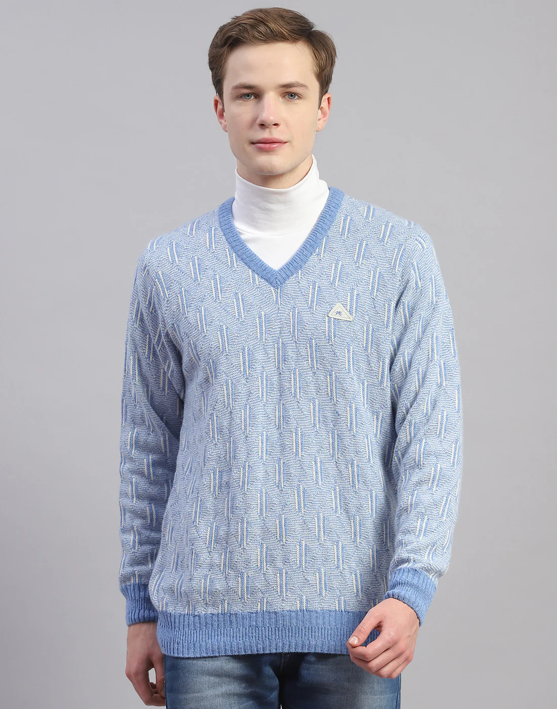 Men Blue Solid V Neck Full Sleeve Pullover - Image 2