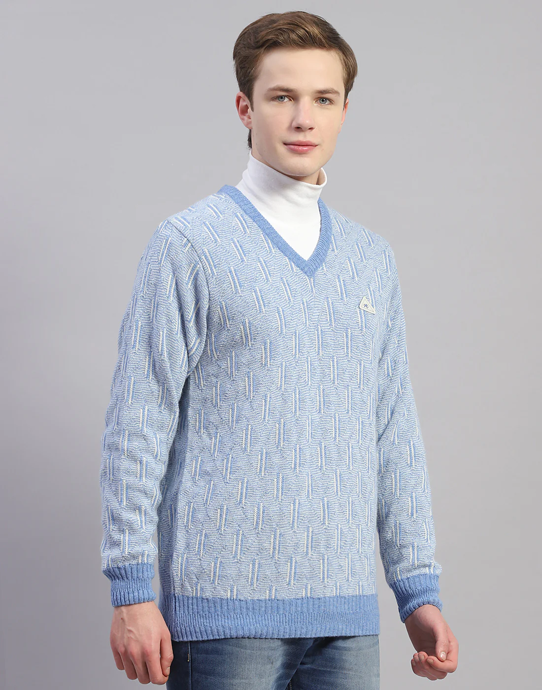 Men Blue Solid V Neck Full Sleeve Pullover - Image 4