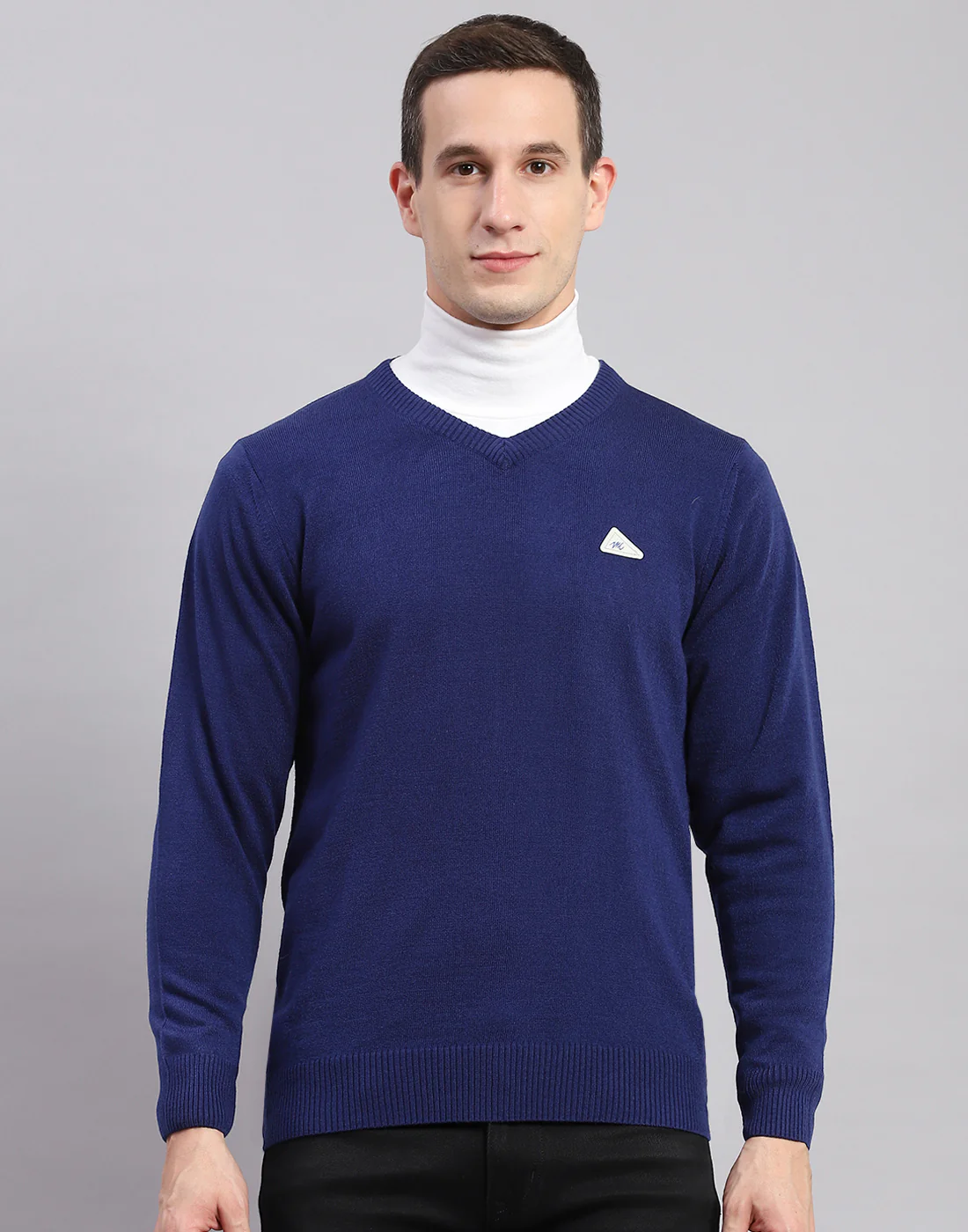 Men Blue Solid V Neck Full Sleeve Pullover - Image 2