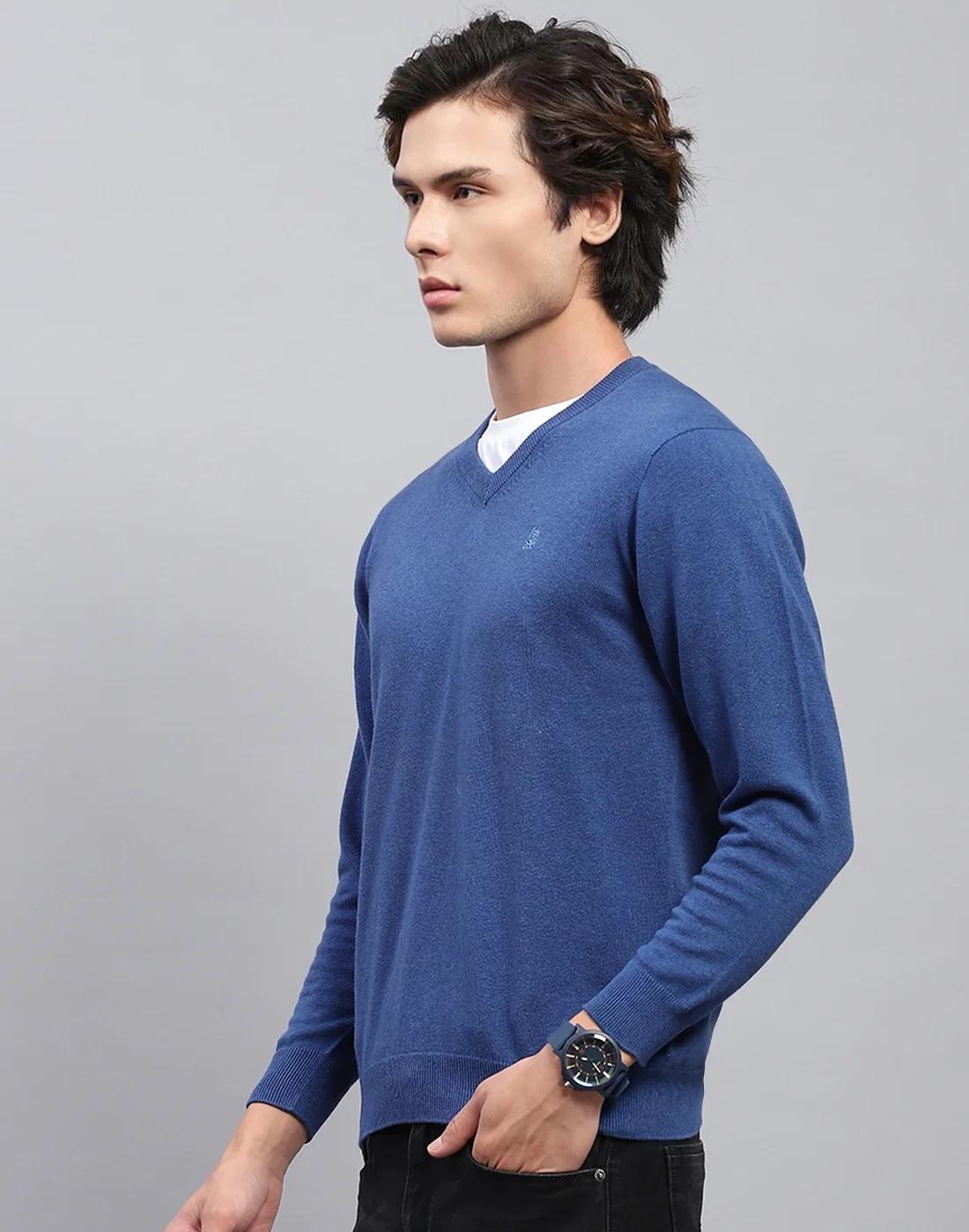 Men Blue Solid V Neck Full Sleeve Pullover - Image 3