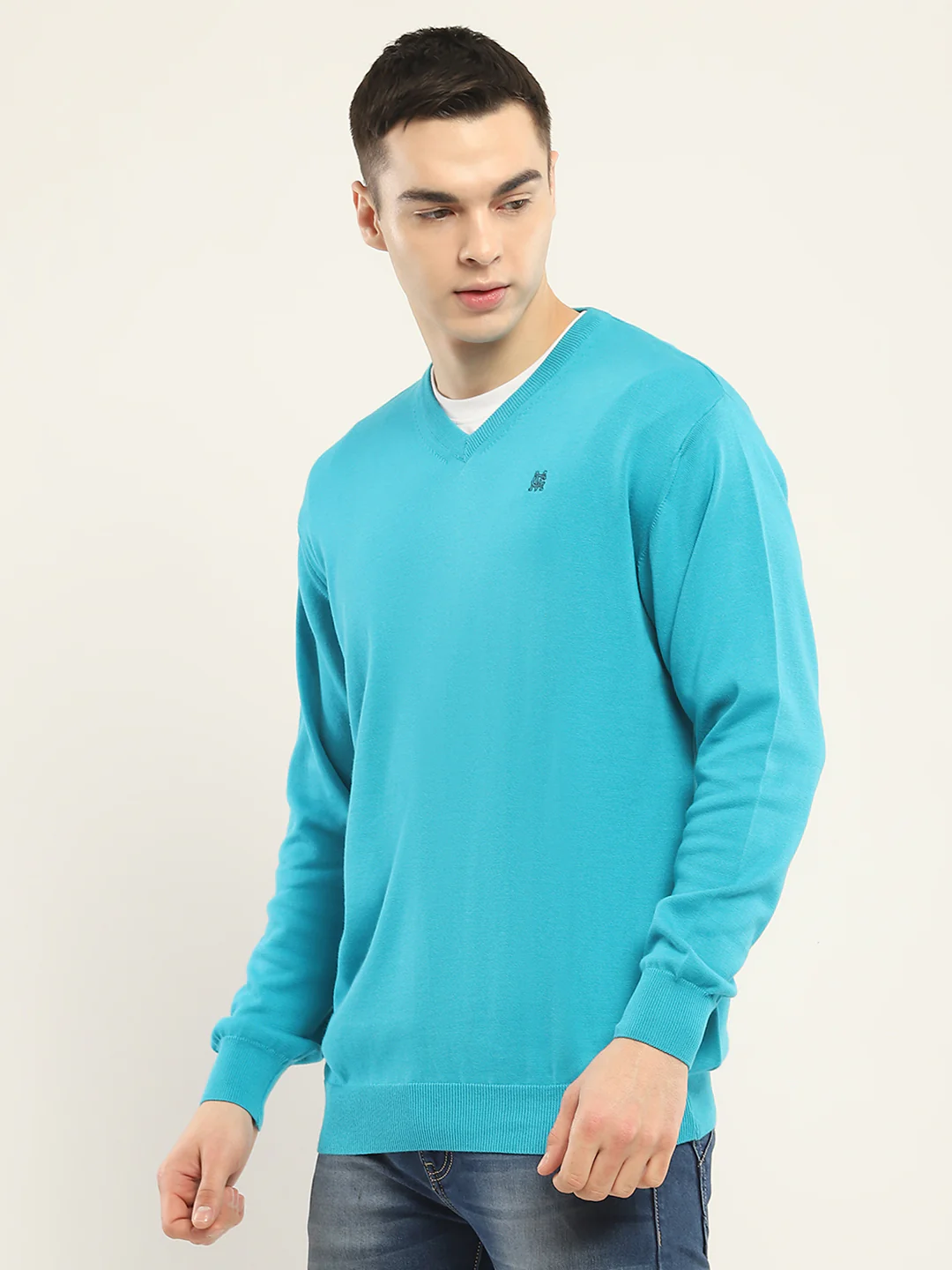 Men Blue Solid V Neck Full Sleeve Pullover - Image 3