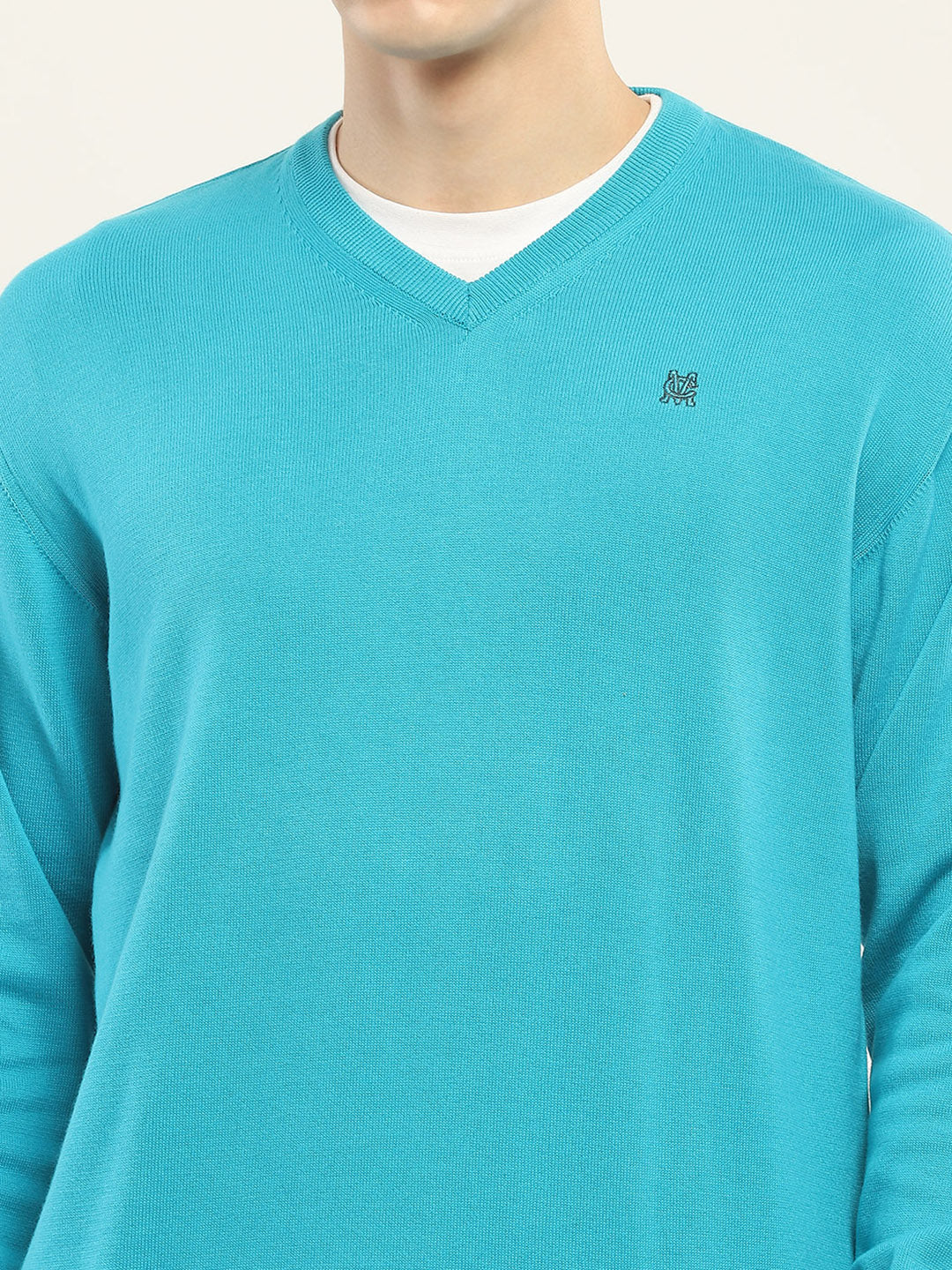 Men Blue Solid V Neck Full Sleeve Pullover - Image 6