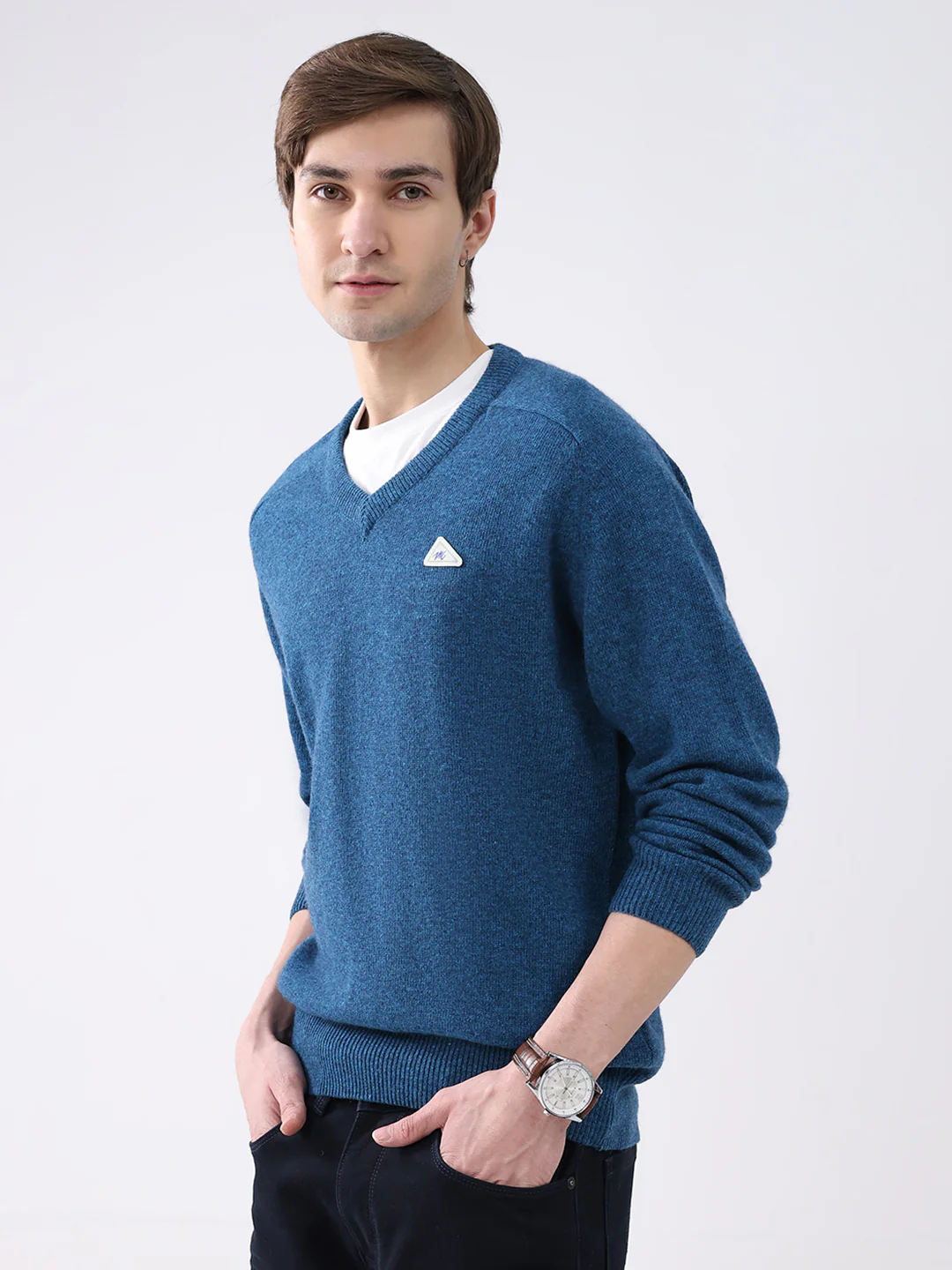 Men Blue Solid V Neck Full Sleeve Pullover - Image 3
