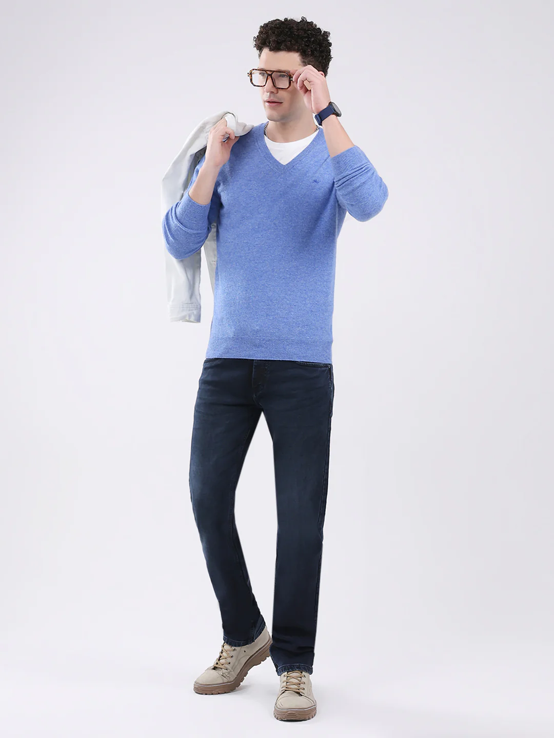 Men Blue Solid V Neck Full Sleeve Pullover - Image 2