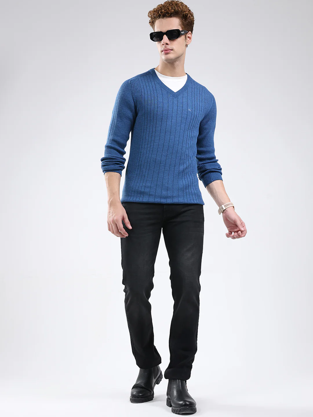 Men Blue Solid V Neck Full Sleeve Pullover - Image 2