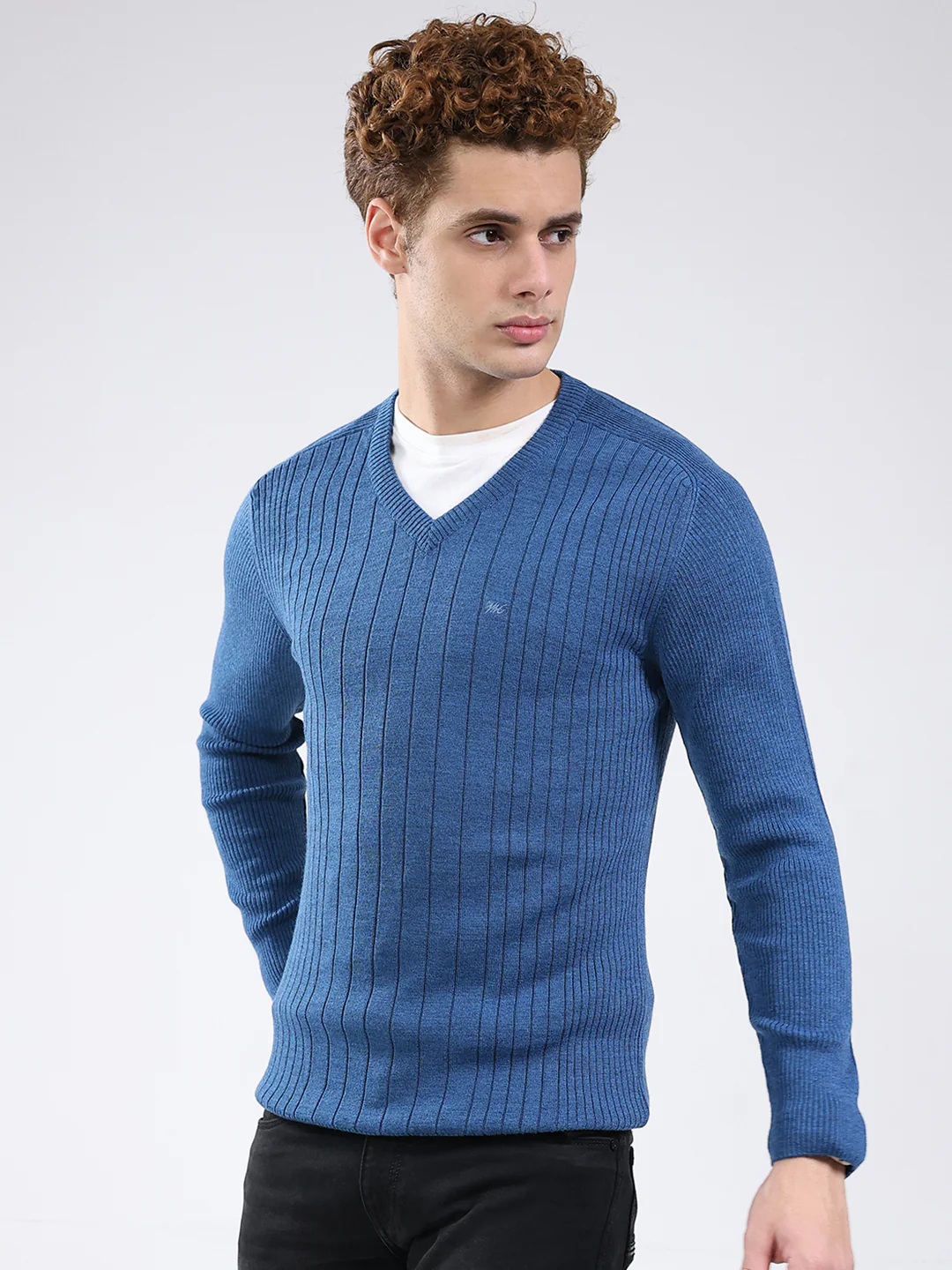Men Blue Solid V Neck Full Sleeve Pullover - Image 3