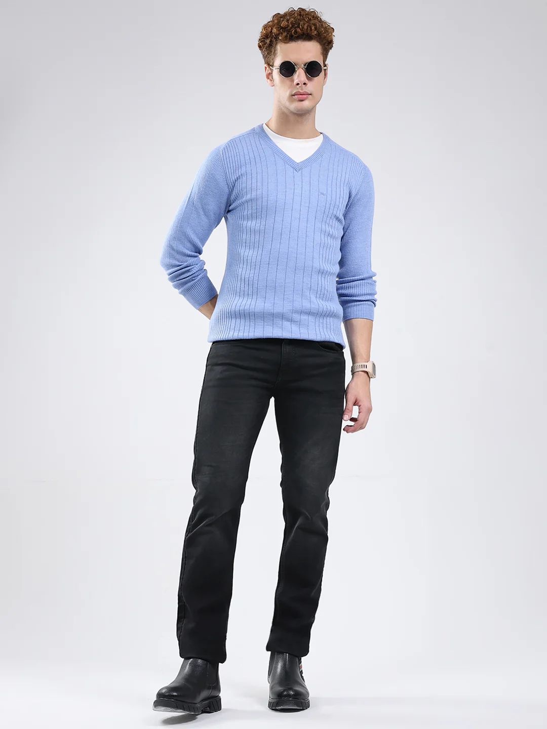 Men Blue Solid V Neck Full Sleeve Pullover - Image 2