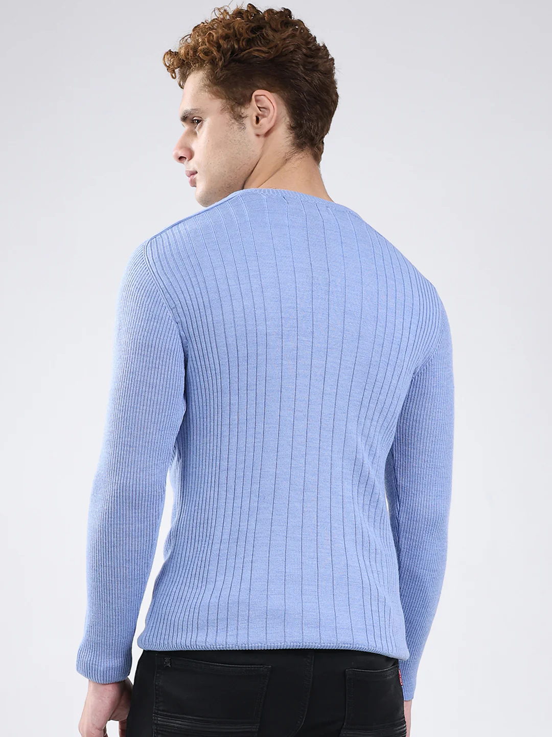 Men Blue Solid V Neck Full Sleeve Pullover - Image 5