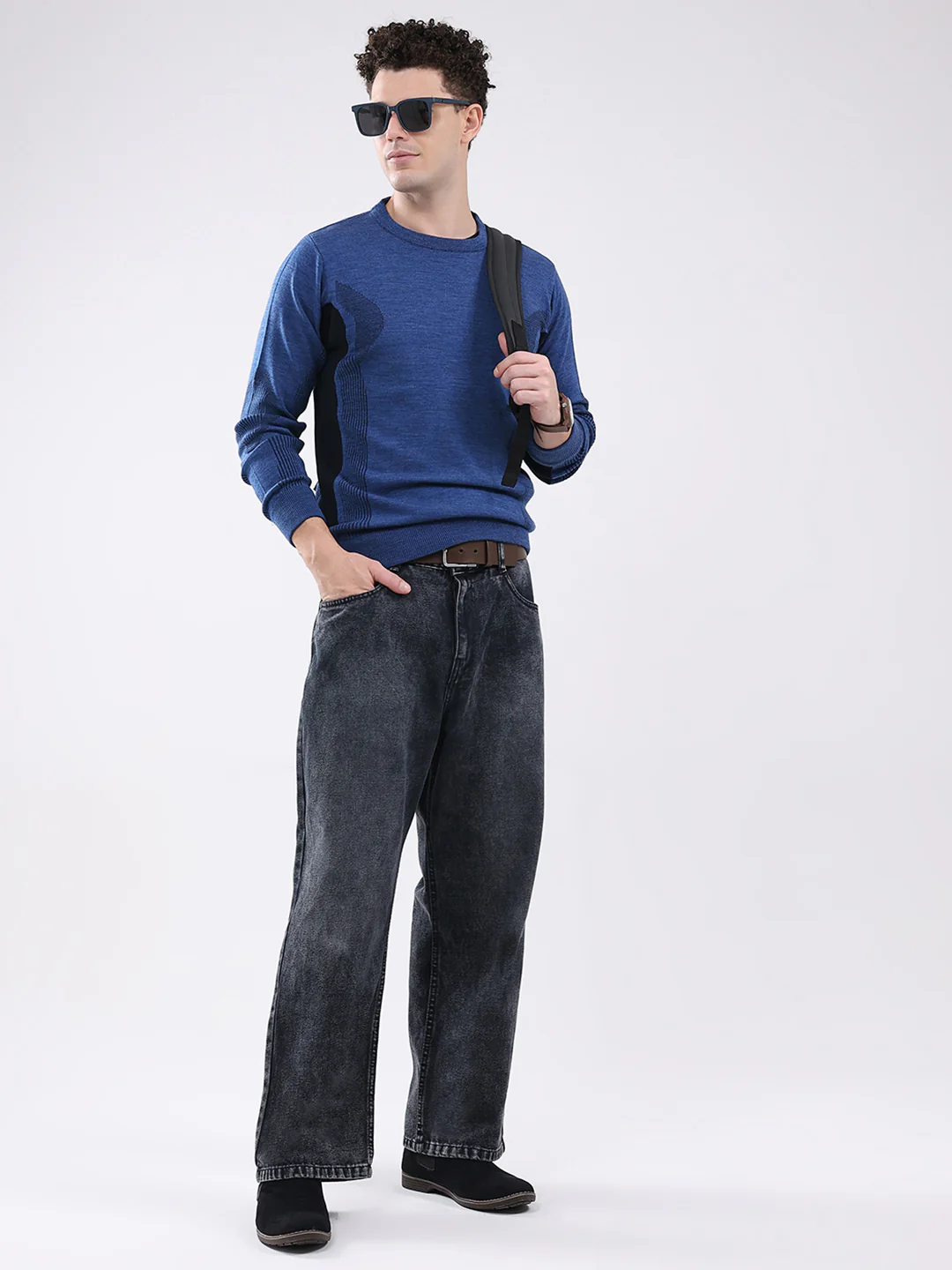 Men Blue Solid Round Neck Full Sleeve Pullover - Image 2