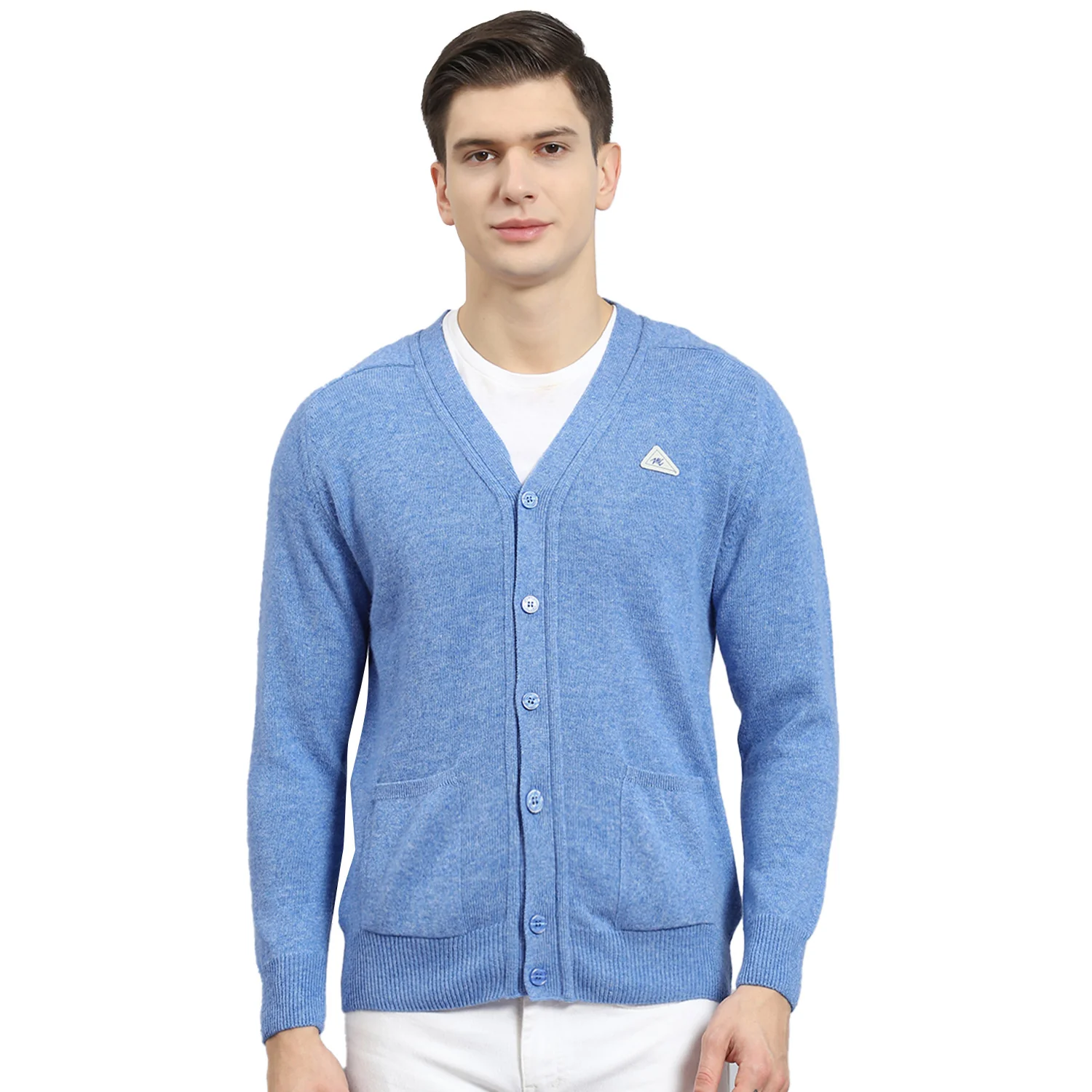 Men Blue Solid V Neck Full Sleeve Sweater - Image 5