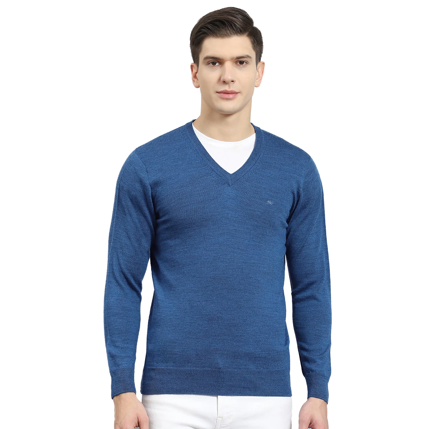 Men Blue Solid V Neck Full Sleeve Sweater - Image 5