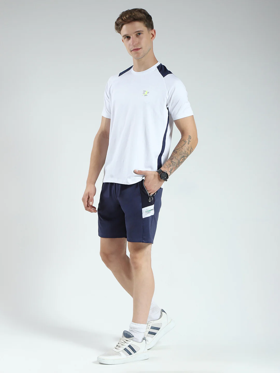 Men Blue Solid Round Neck Half Sleeve Bermuda Set - Image 3