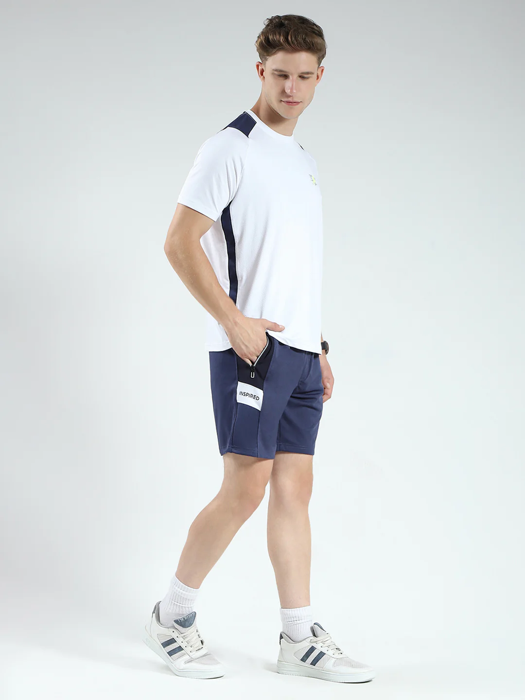 Men Blue Solid Round Neck Half Sleeve Bermuda Set - Image 4