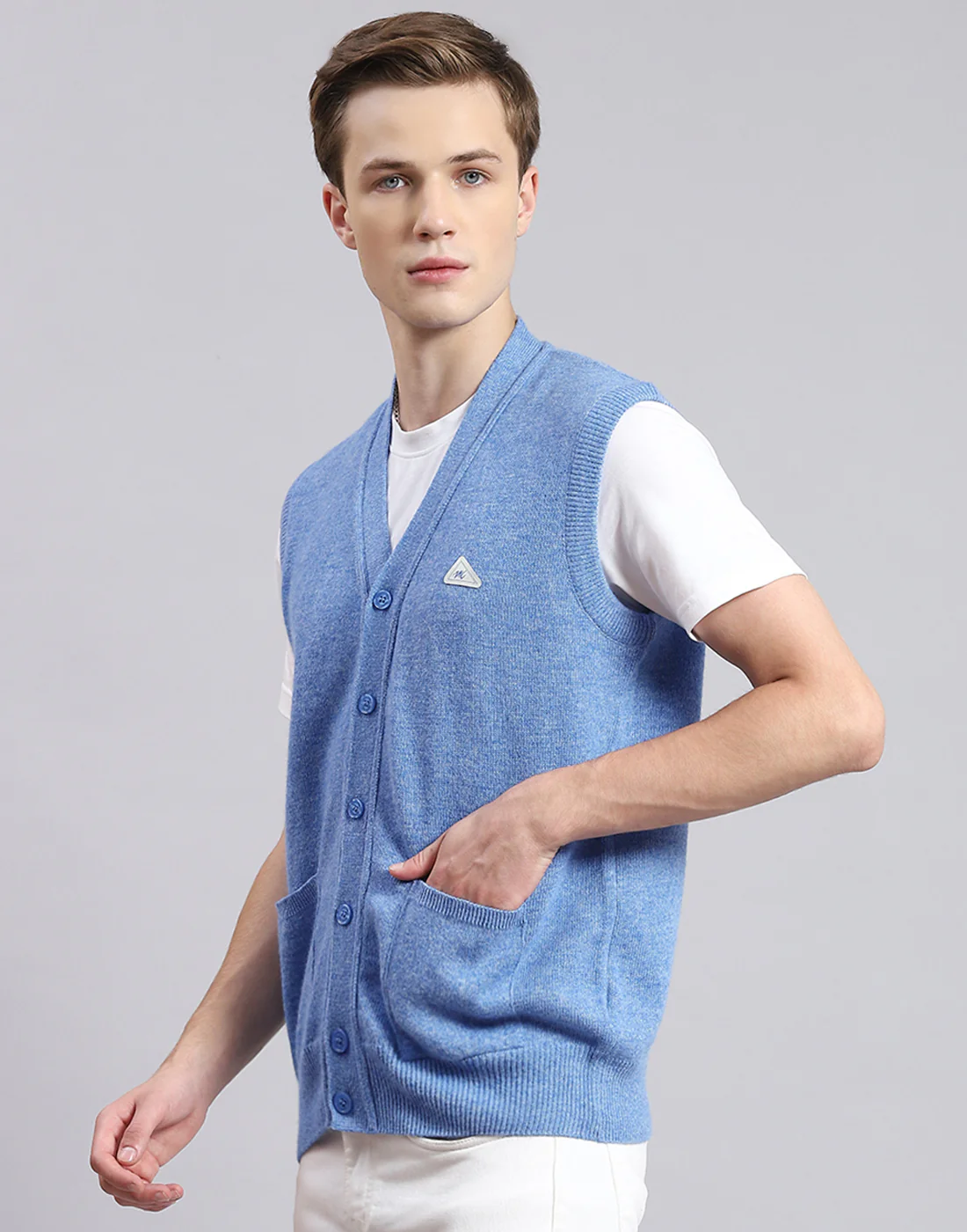 Men Blue Solid V Neck Sleeveless Cardigan - Image 3