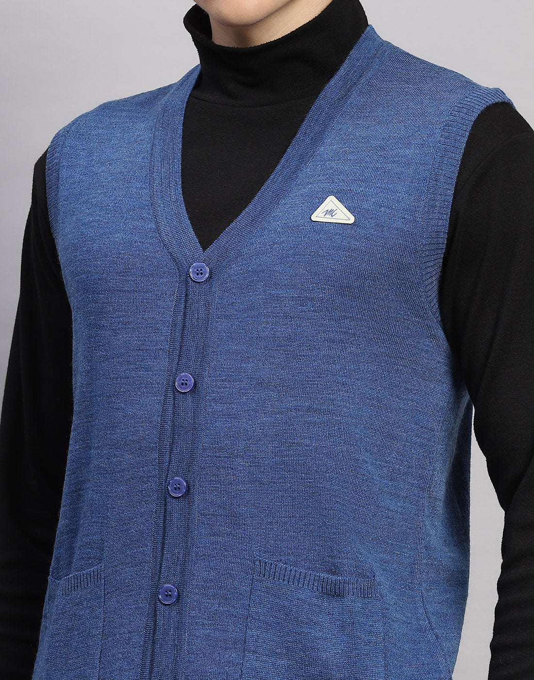 Men Blue Solid V Neck Sleeveless Cardigan - Image 6