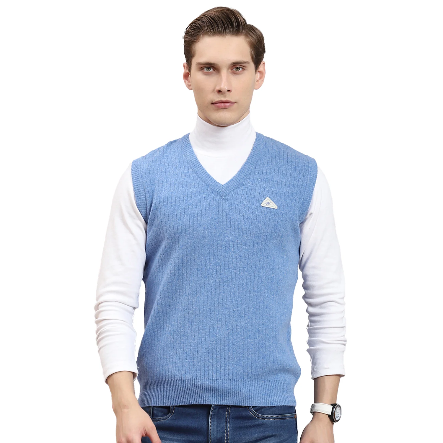 Men Blue Solid V Neck Sleeveless Sweater - Image 5