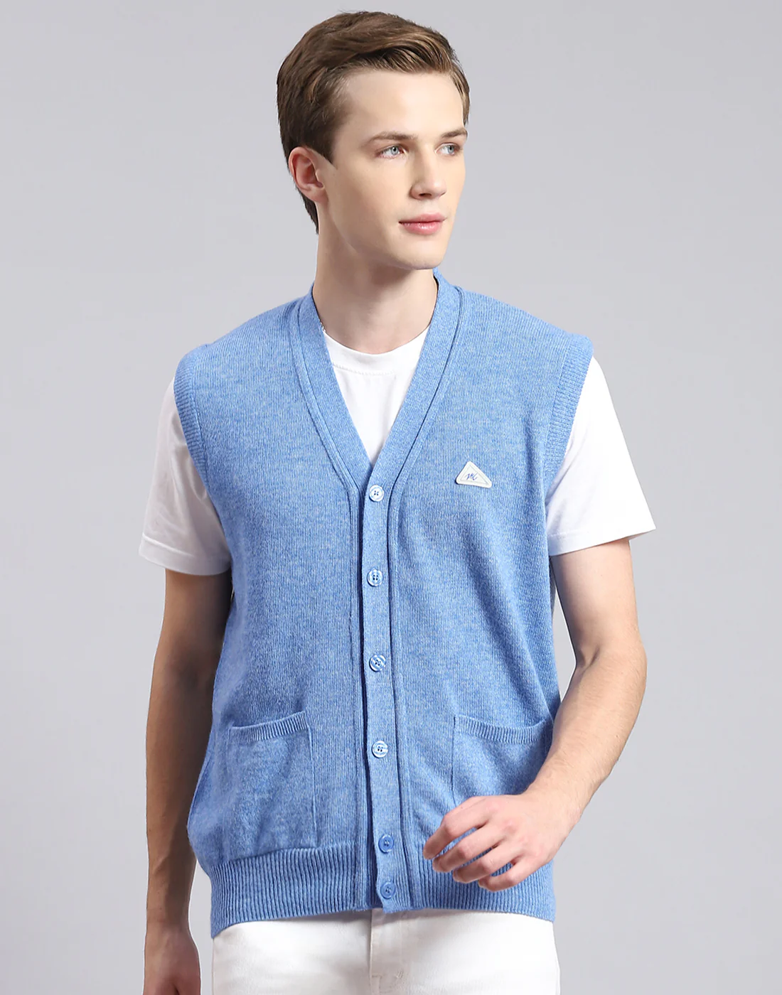 Men Blue Solid V Neck Sleeveless Sweater - Image 2