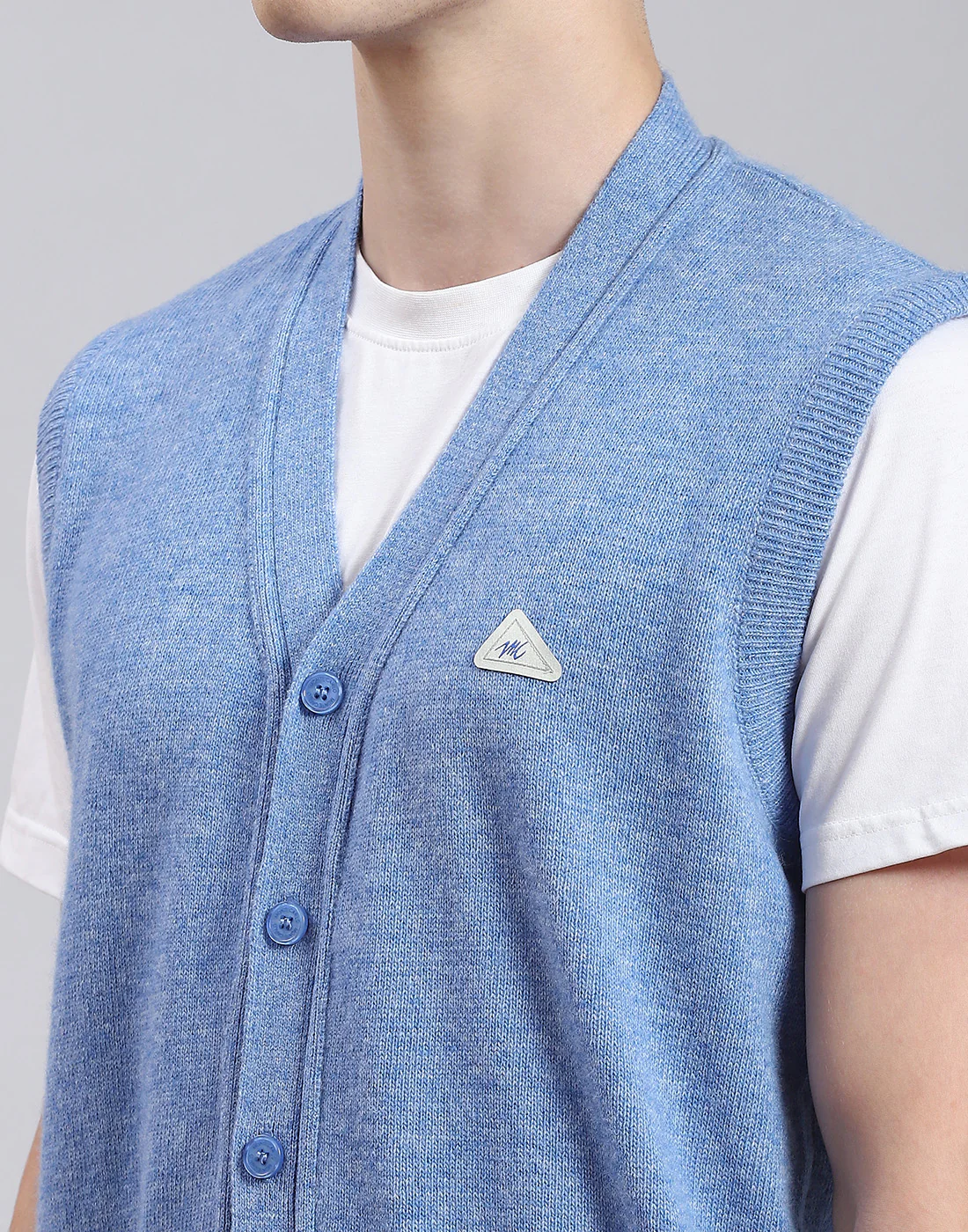 Men Blue Solid V Neck Sleeveless Sweater - Image 7