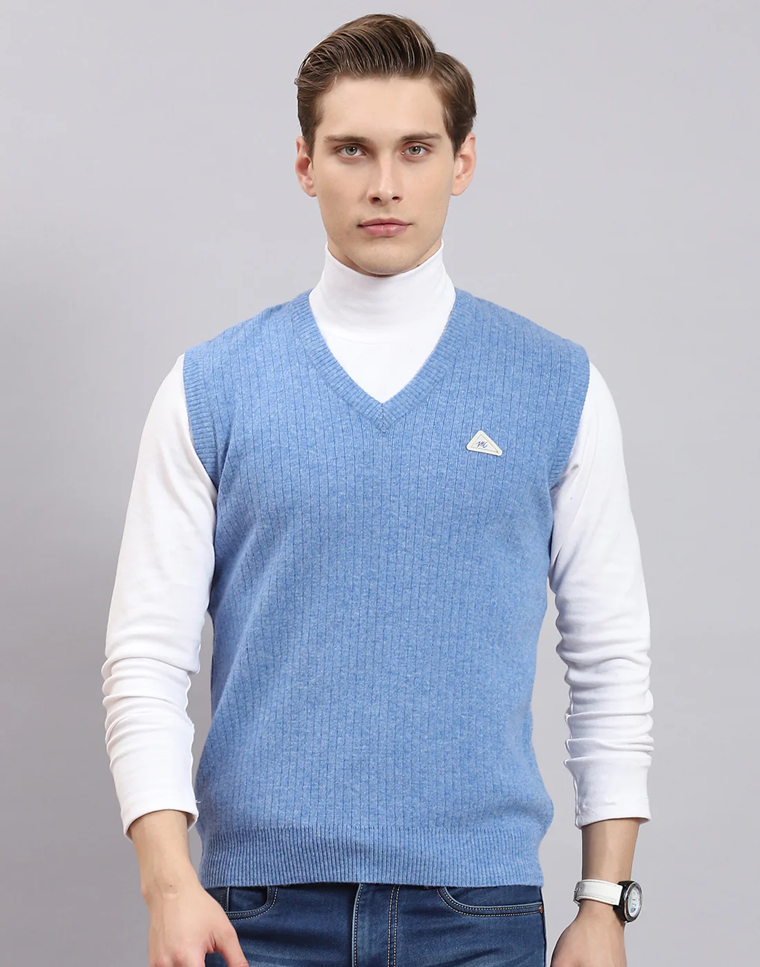Men Blue Solid V Neck Sleeveless Sweater - Image 2