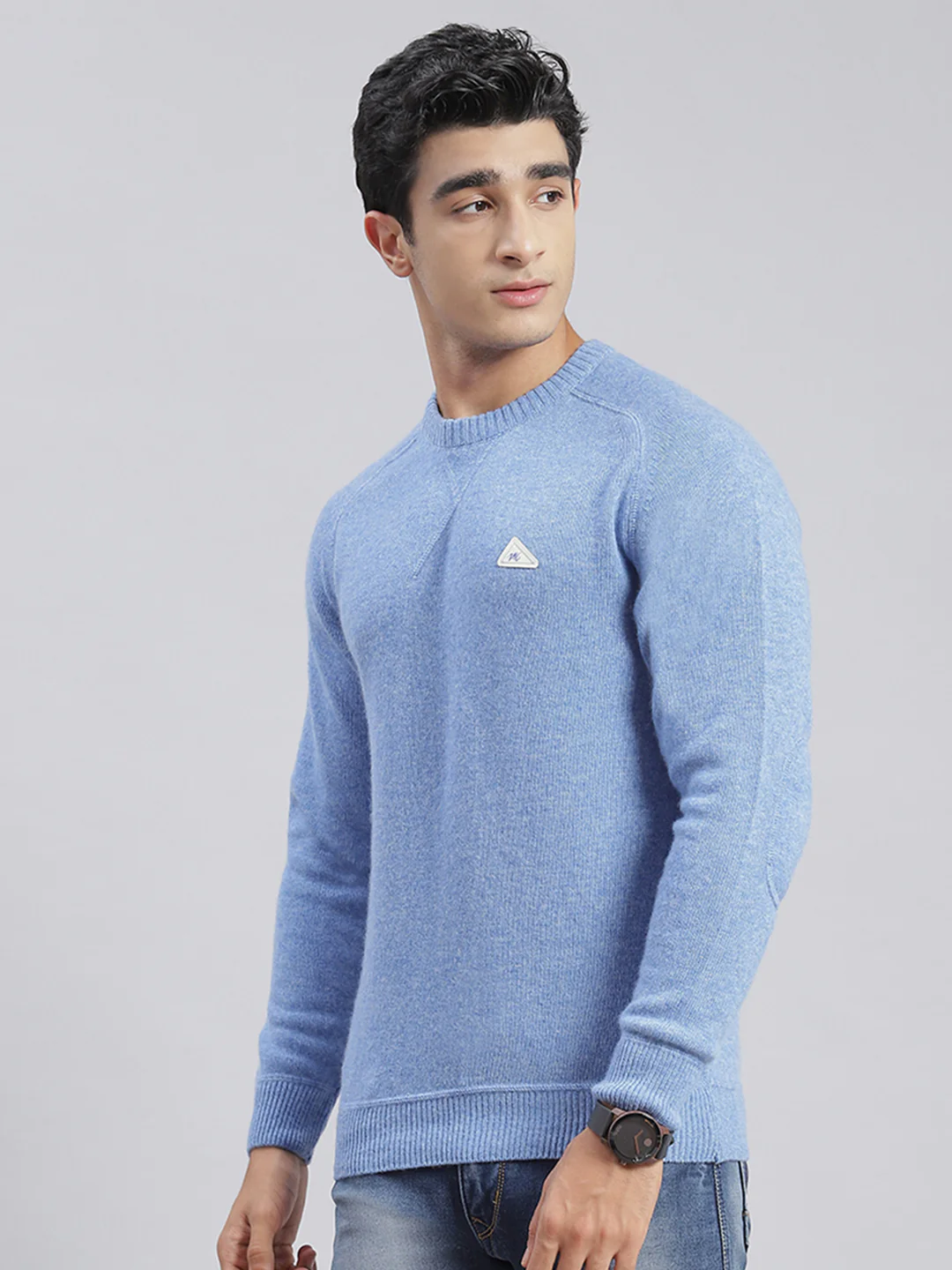 Men Blue Solid Round Neck Sweater - Image 3