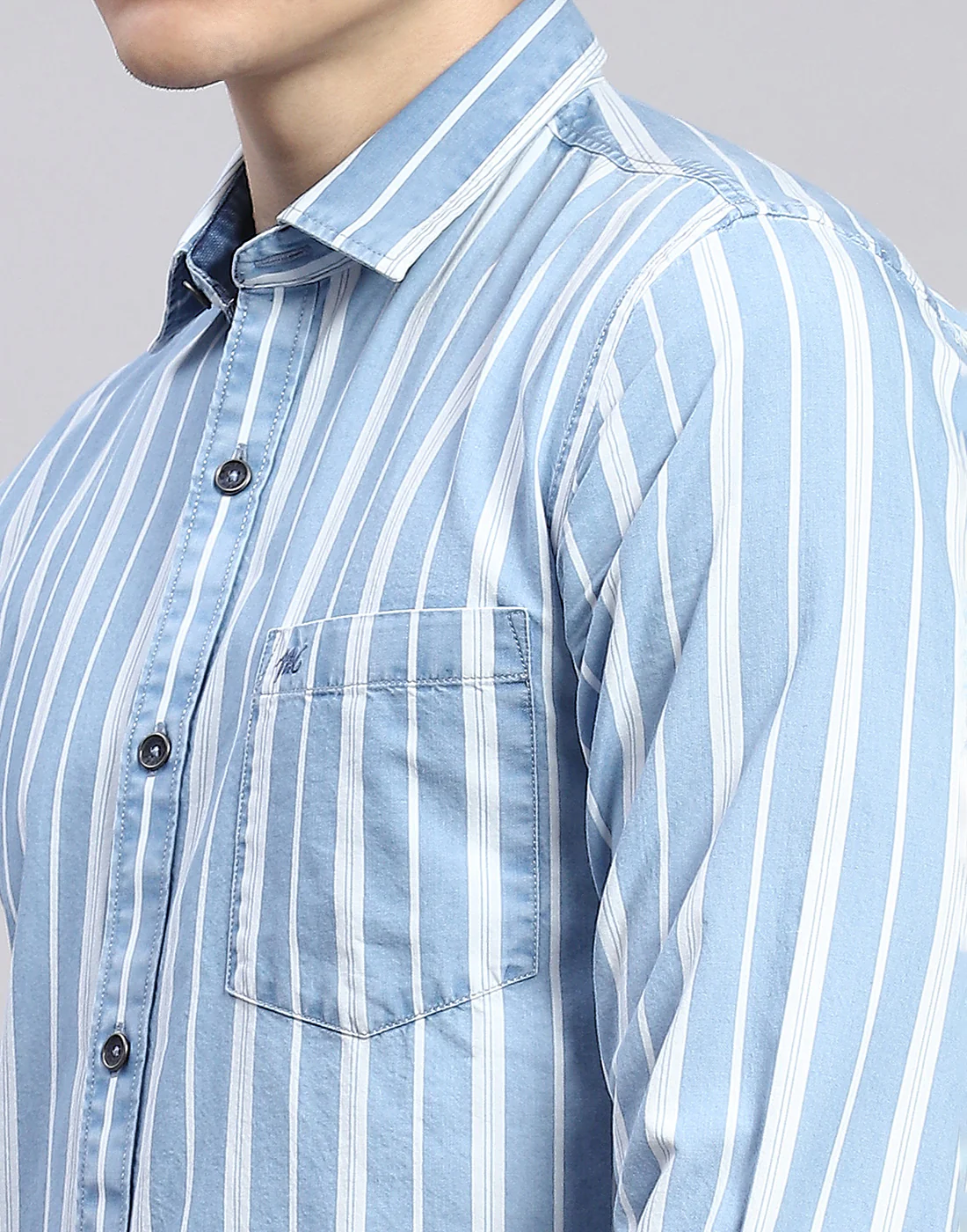 Men Blue Stripe Collar Full Sleeve Shirt - Image 7