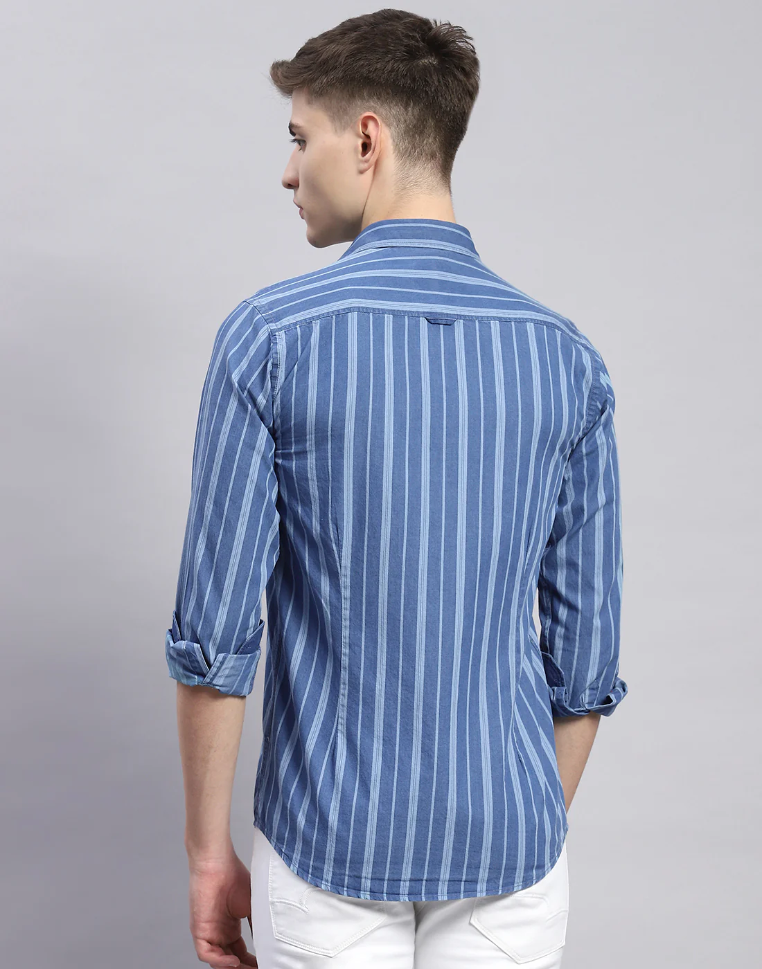Men Blue Stripe Collar Full Sleeve Shirt - Image 5