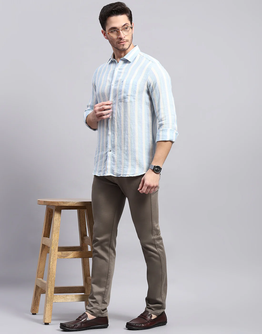 Men Blue Stripe Collar Full Sleeve Linen Shirt - Image 2