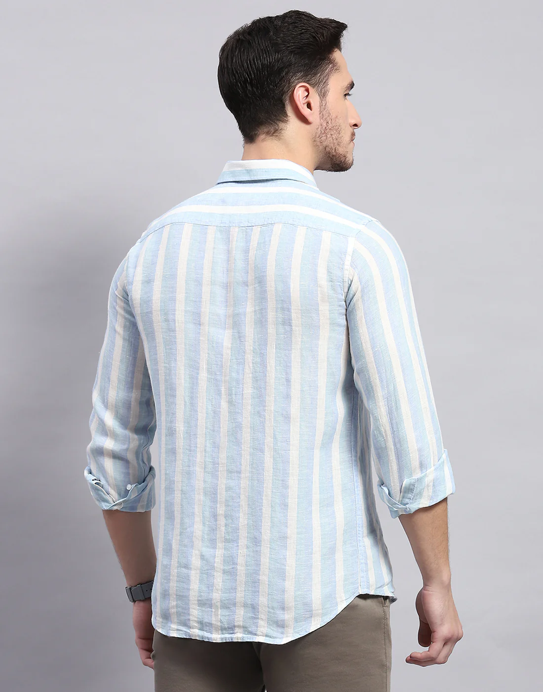 Men Blue Stripe Collar Full Sleeve Linen Shirt - Image 5