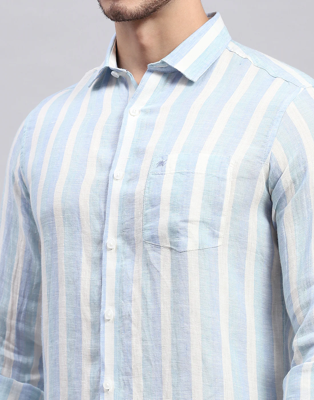 Men Blue Stripe Collar Full Sleeve Linen Shirt - Image 6