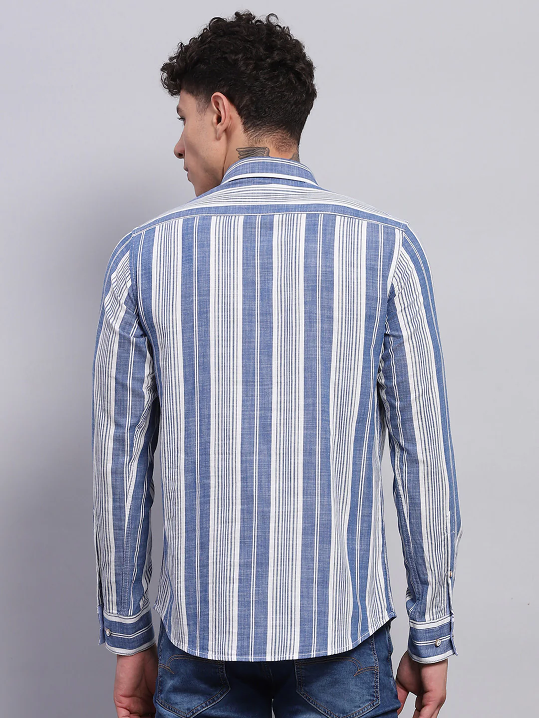 Men Blue Stripe Collar Full Sleeve Shirt - Image 5