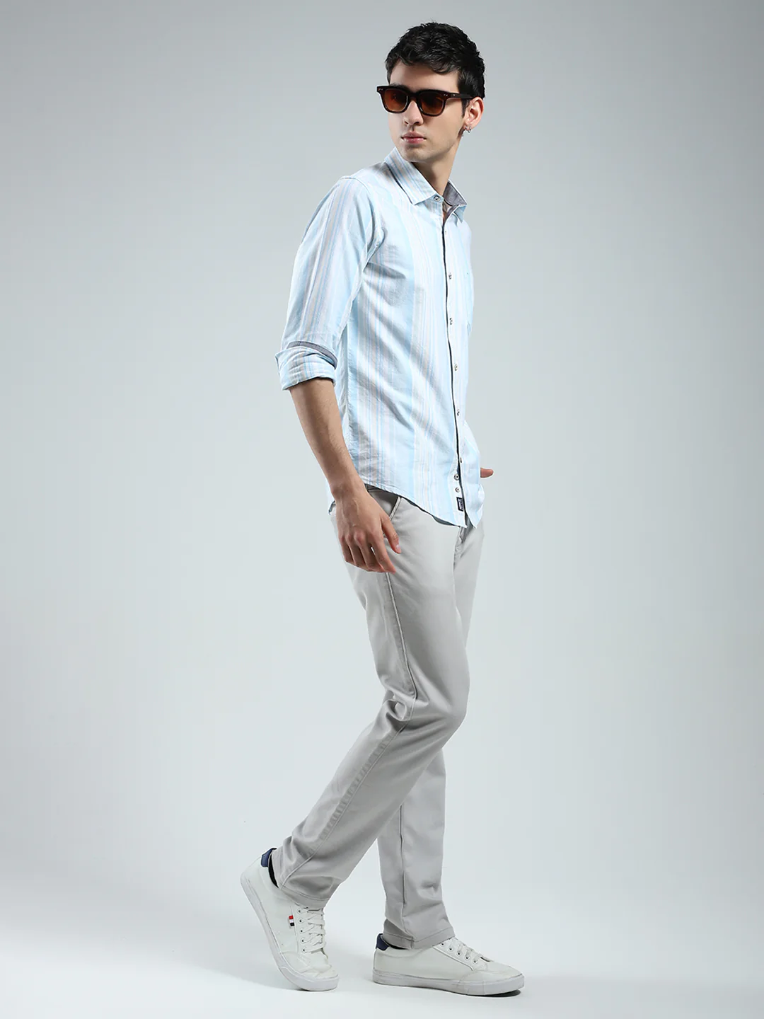 Men Blue Stripe Collar Full Sleeve Shirt - Image 2