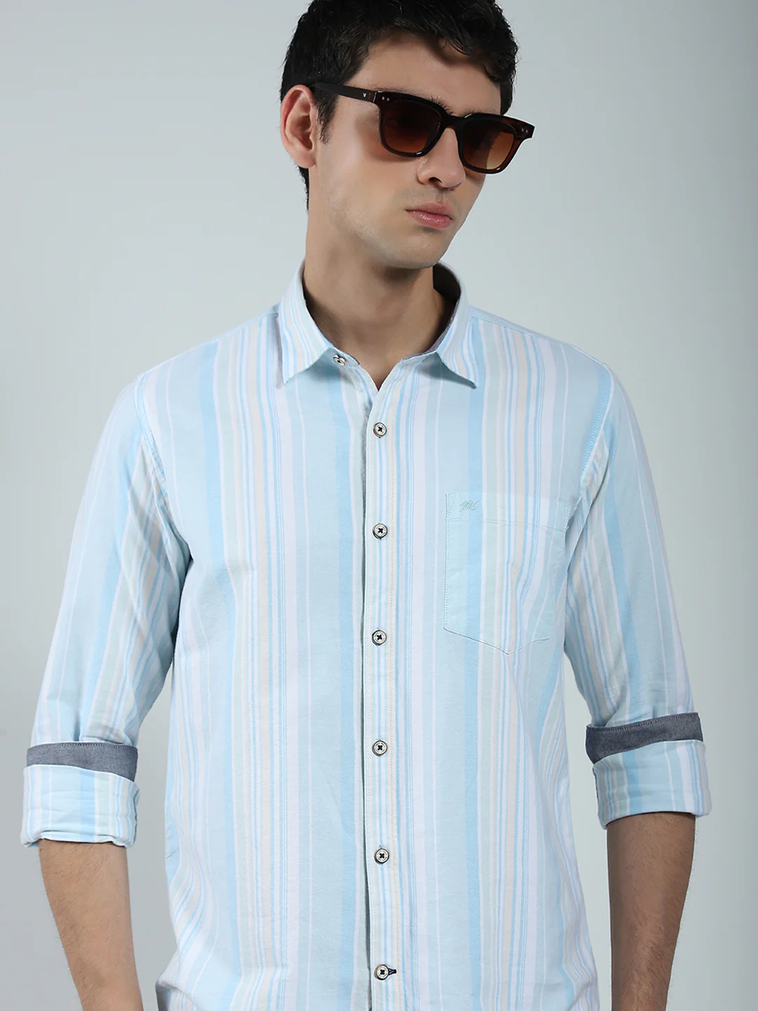 Men Blue Stripe Collar Full Sleeve Shirt - Image 6