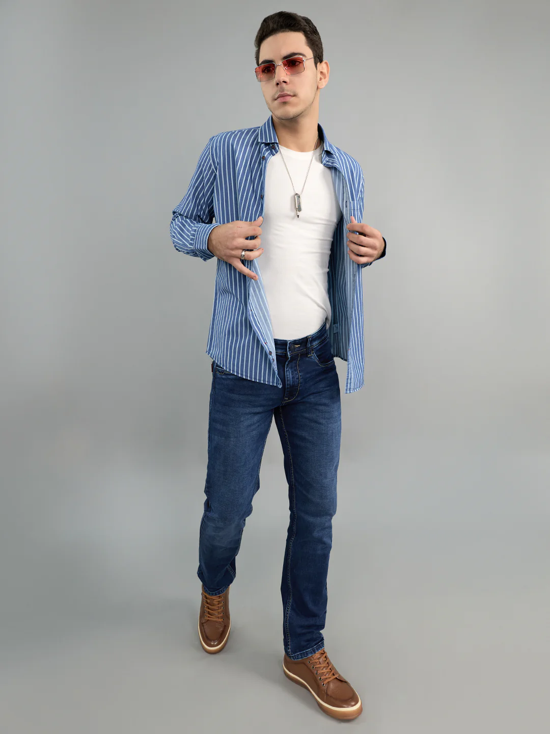 Men Blue Stripe Collar Full Sleeve Shirt - Image 6